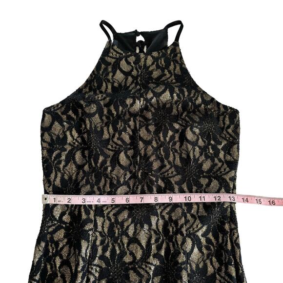 Bailey Blue Black and Gold Floral Lace Overlay Glitter Long Maxi Dress Gown - Picture 4 of 9